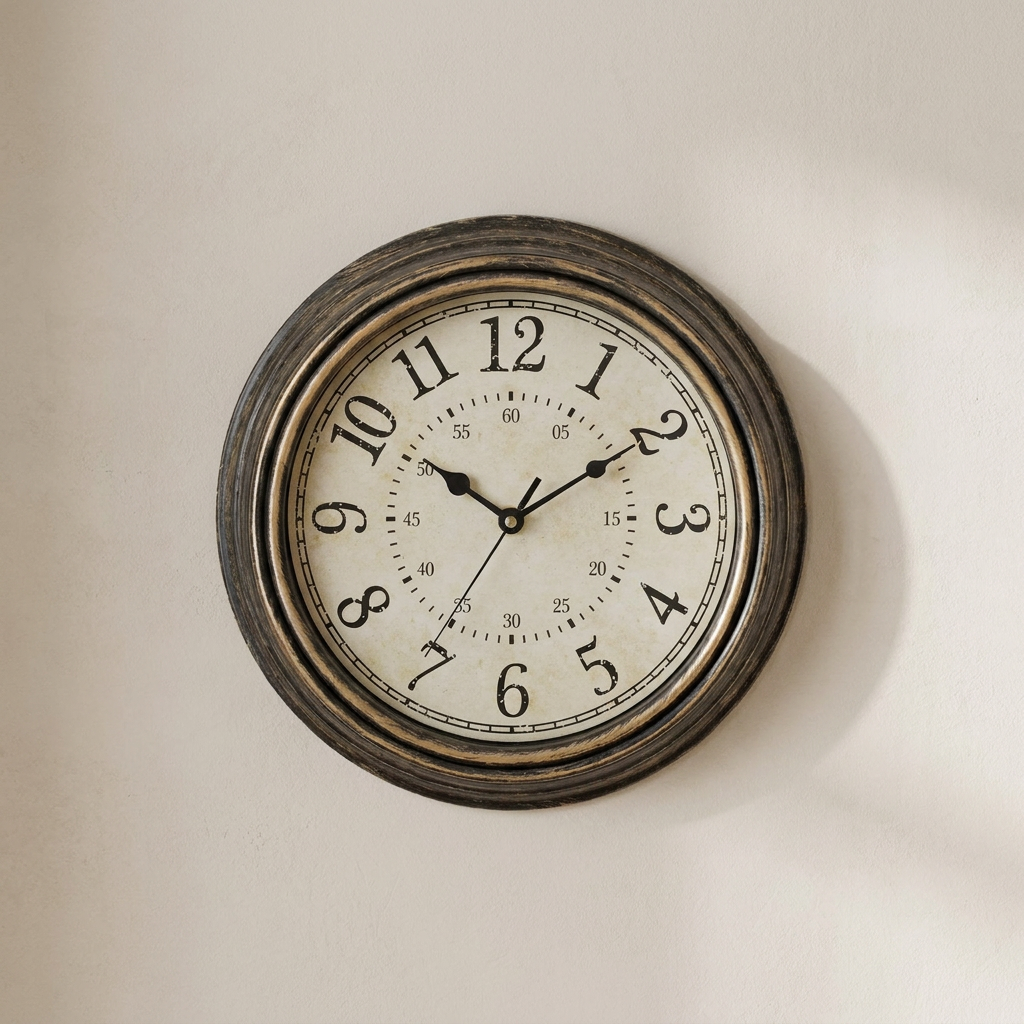Vintage-style wall clock on a beige wall