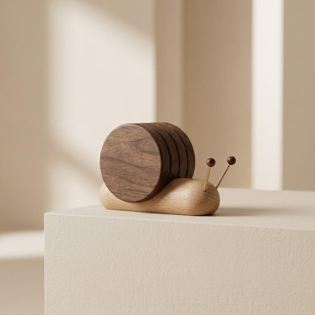 Wooden snail-shaped object with round body and two small legs on a beige surface.