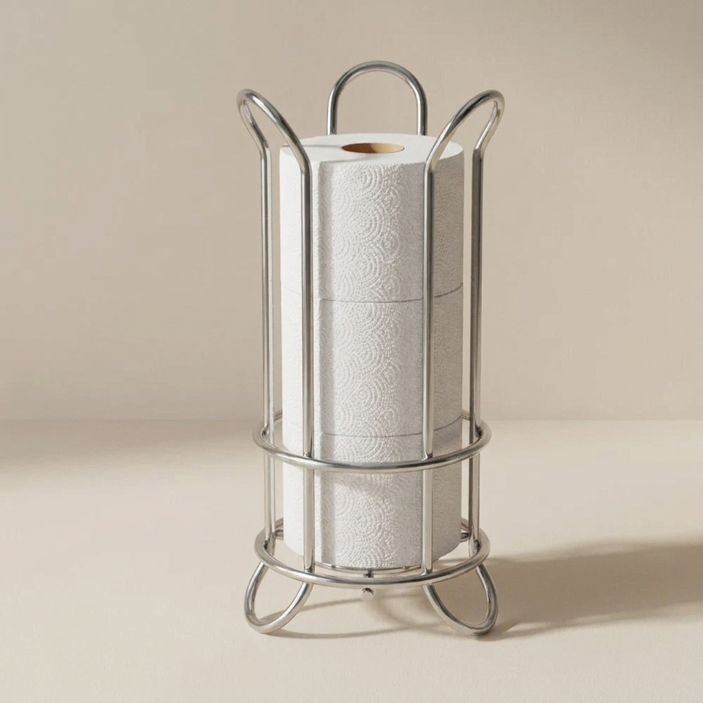 Silver metal toilet paper holder with a roll of toilet paper on a beige background