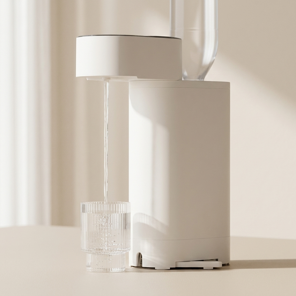Modern floor lamp with a white shade on a neutral background