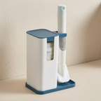 Cleaning brush with blue stand on a beige surface