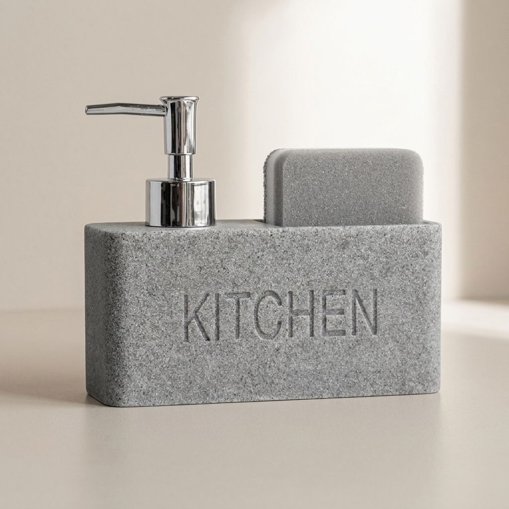 Gray kitchen sink soap dispenser with pump and sponge on a beige surface