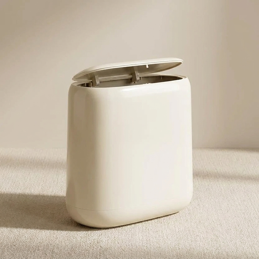 White trash bin with open lid on a beige surface