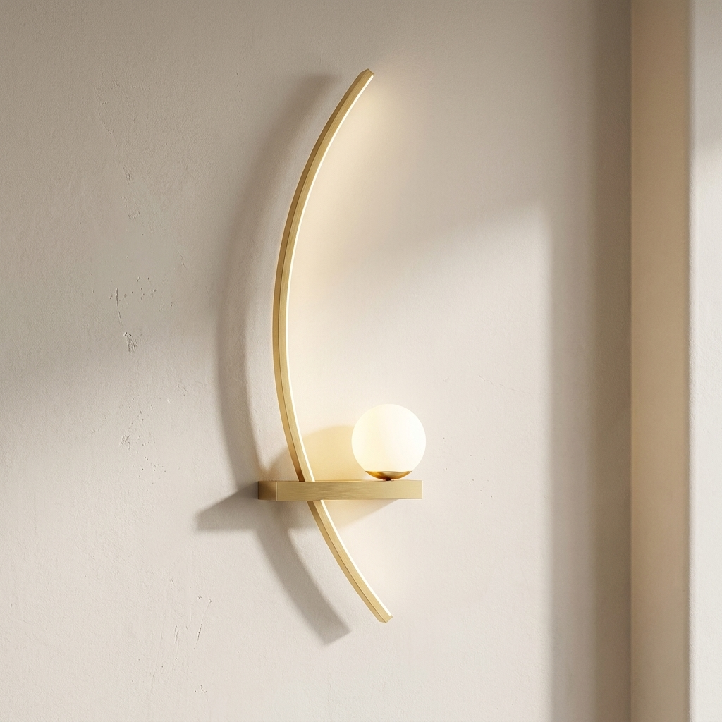 Gold wall sconce on a light gray wall