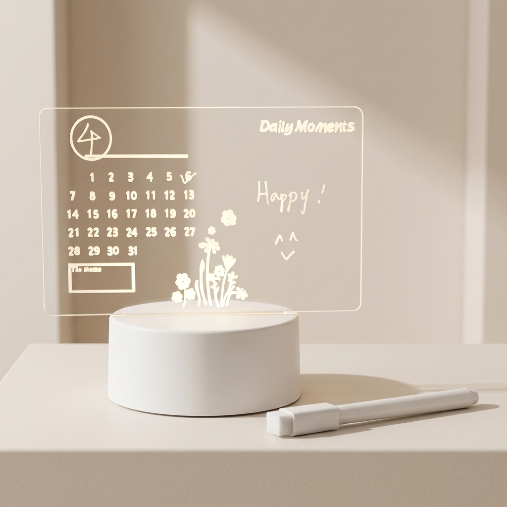 White electronic device with a transparent panel displaying a calendar and handwritten notes on a beige surface.