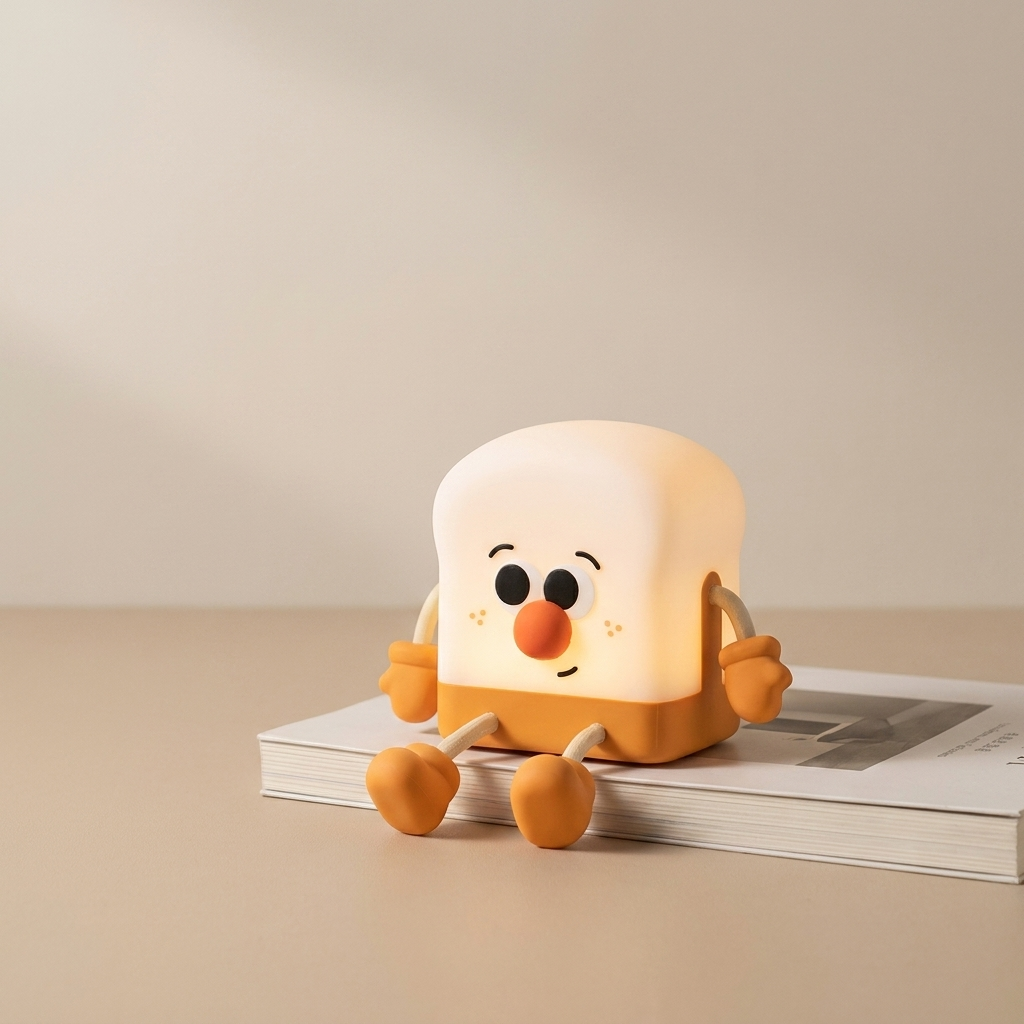 Cute cartoon character light on a stack of books with a plain background