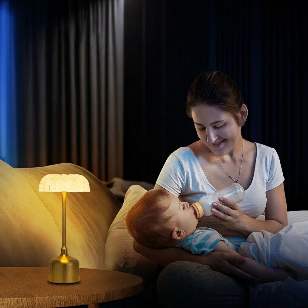 Woman feeding a baby with a bottle in a dimly lit room.