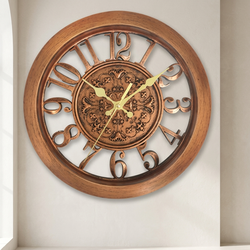 Decorative wall clock with Roman numerals on a plain background