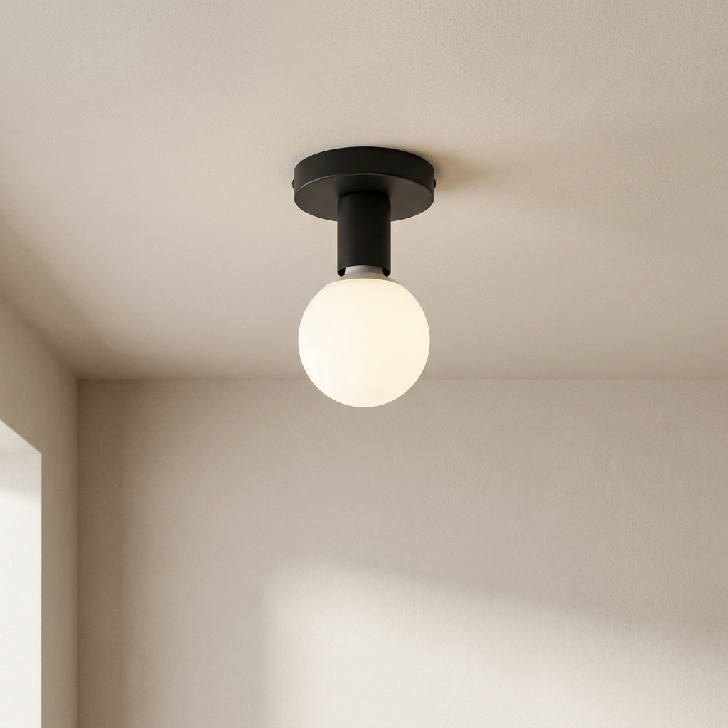 Ceiling light fixture with a round bulb on a neutral ceiling