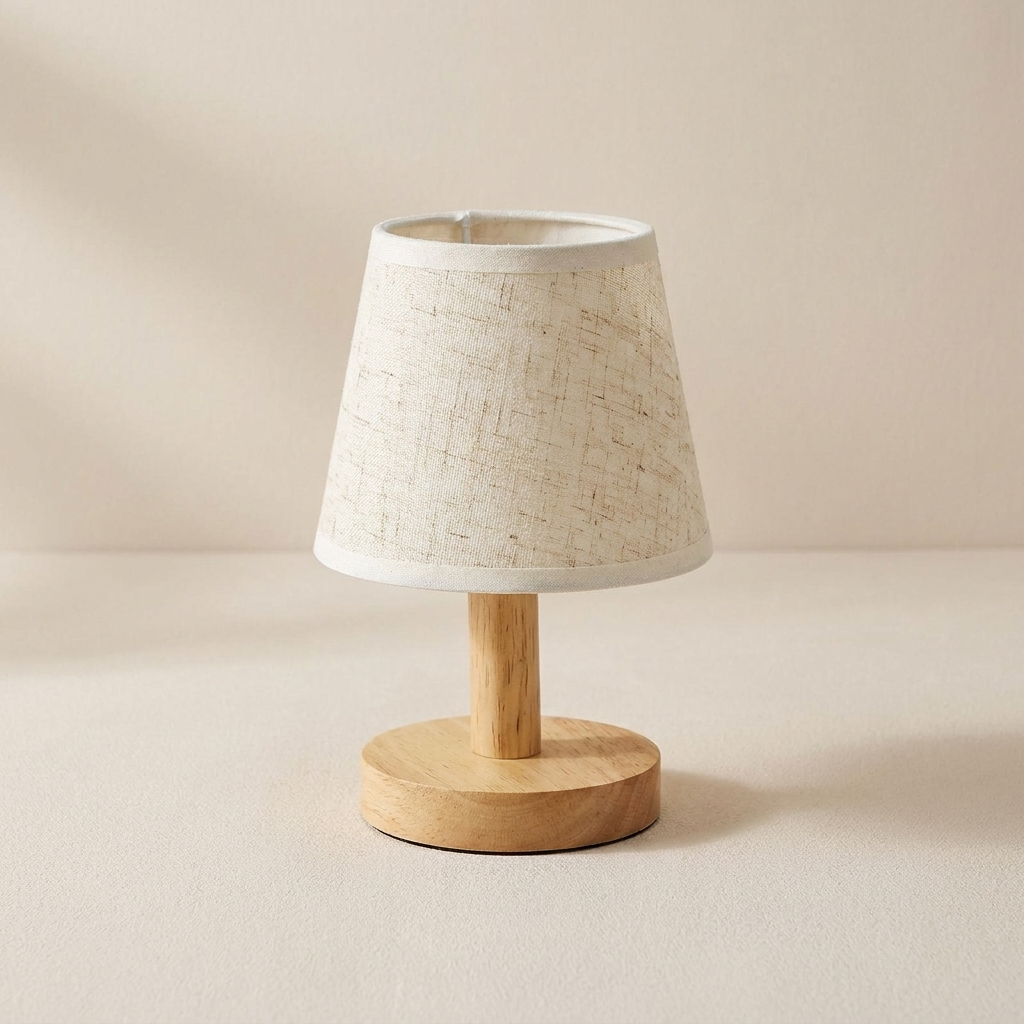 Small table lamp with a woven shade and wooden base on a beige background