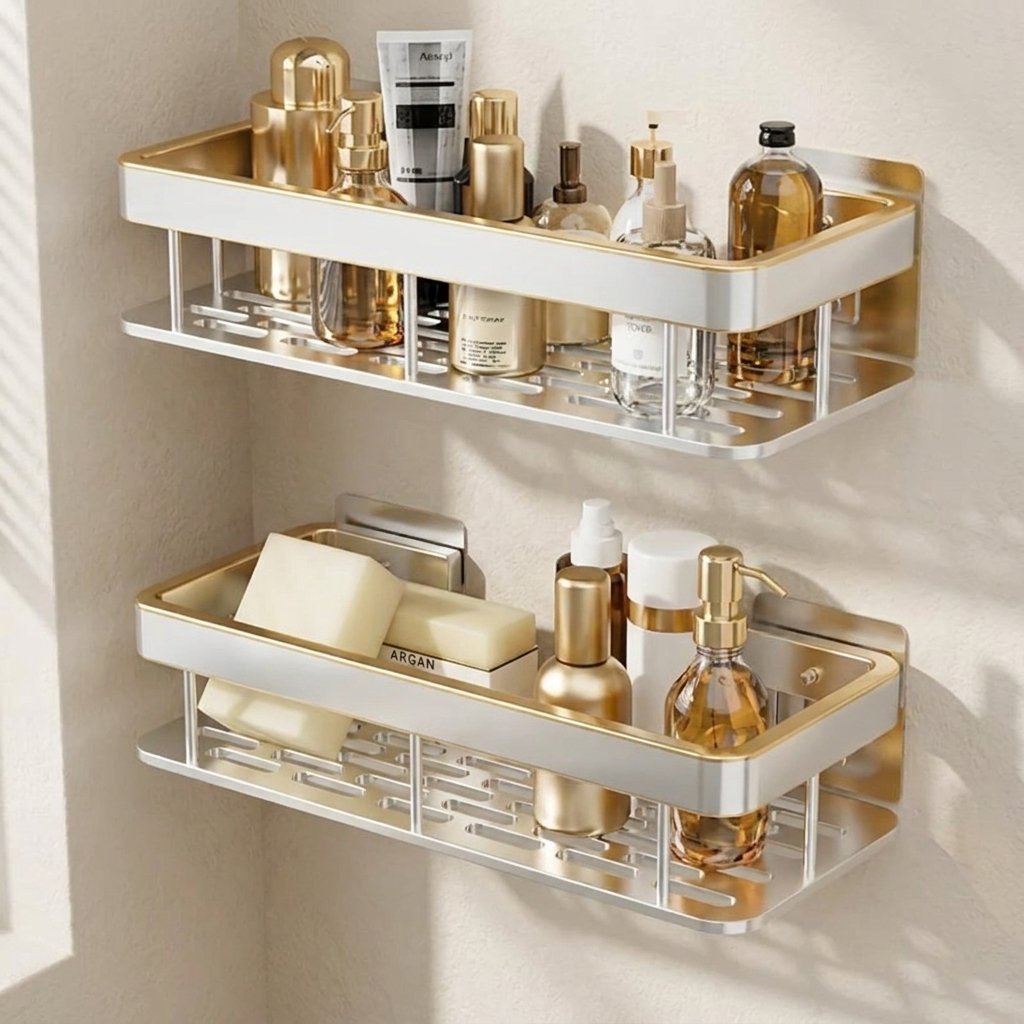 Bathroom shelf with various toiletries on a neutral wall background