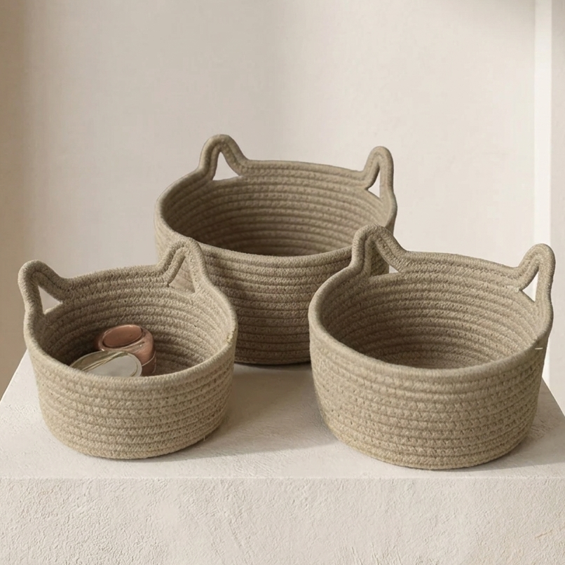 Three woven baskets of different sizes on a light surface with a neutral background