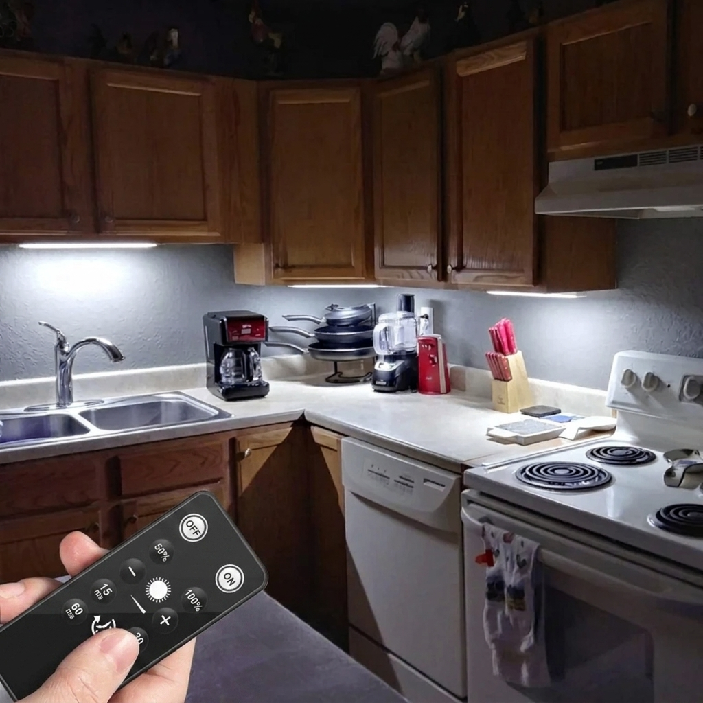 Kitchen with wooden cabinets and appliances, person holding a remote control.