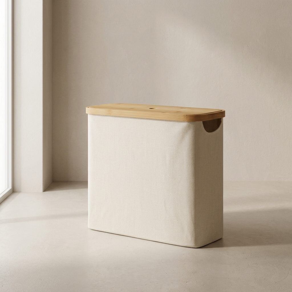 Beige laundry basket with a wooden lid on a neutral background