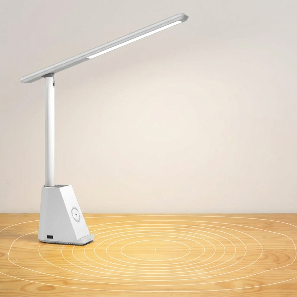 Modern LED desk lamp on a wooden surface with a plain background