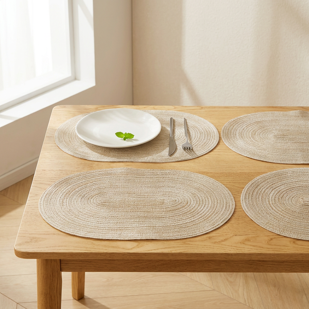 Wooden table with woven placemats and a plate with a fork and knife.