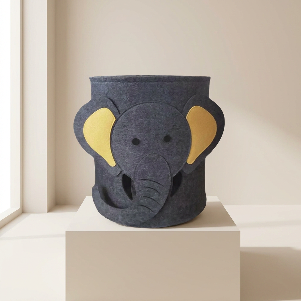 Gray elephant-shaped container on a beige pedestal with a neutral background