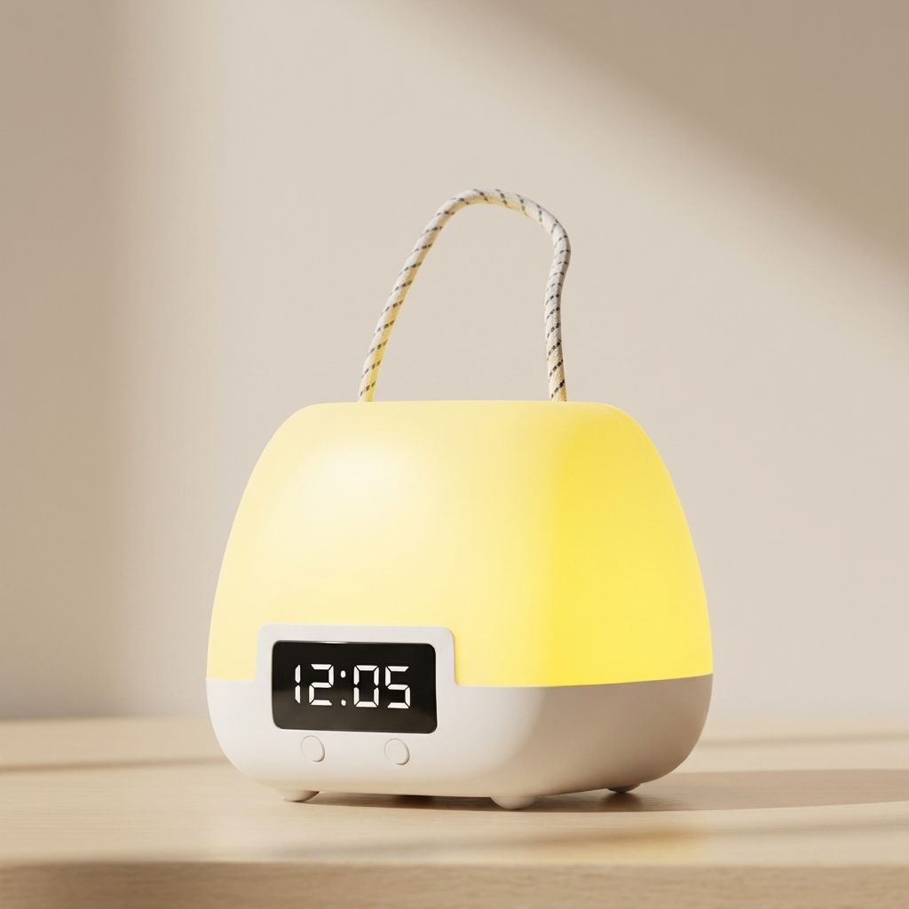 Yellow night light with digital clock on a wooden surface