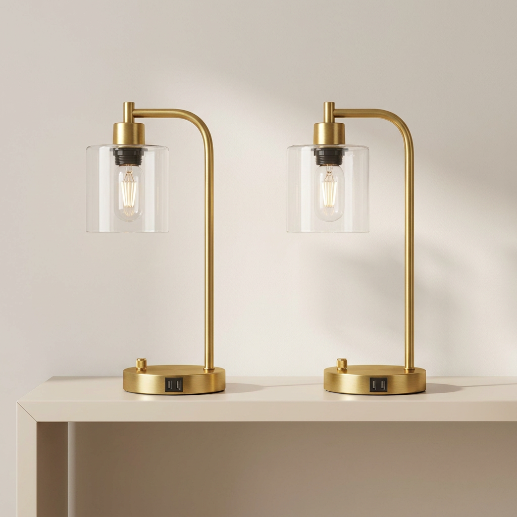 Two gold table lamps with clear glass shades on a beige surface.