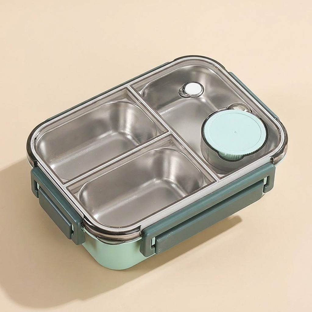 Stainless steel bento box with compartments on a beige background