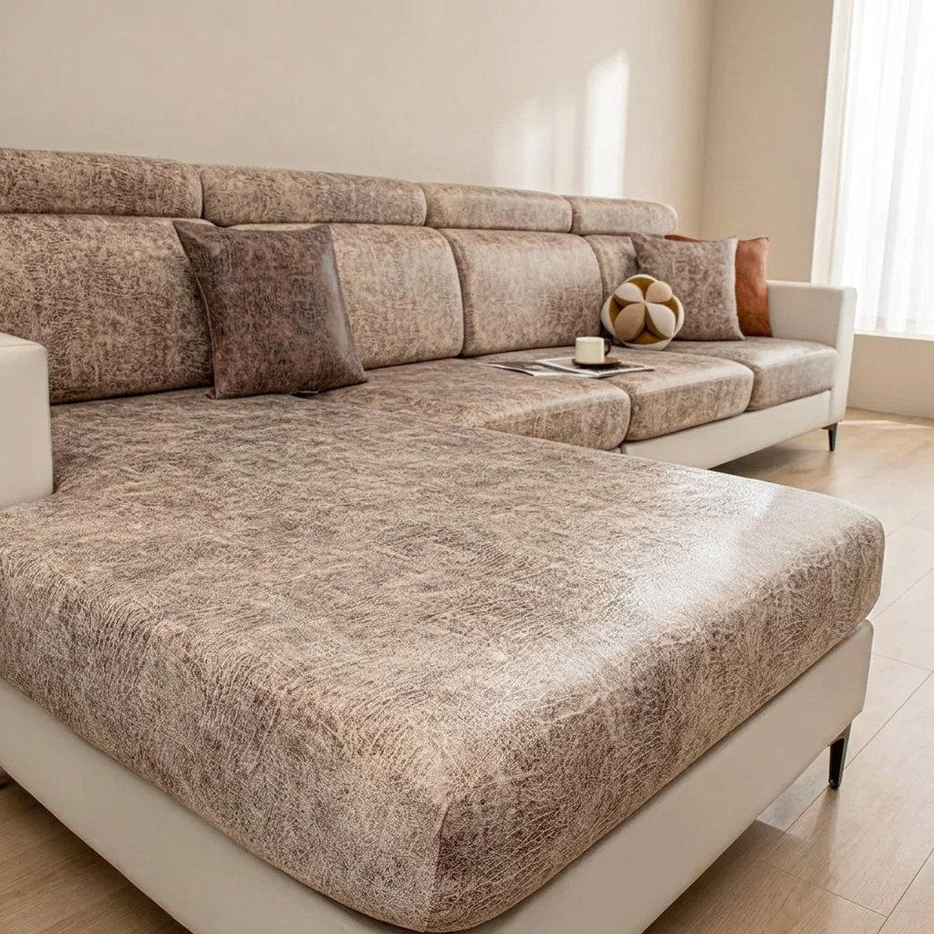 Beige sectional sofa in a living room setting with decor items.