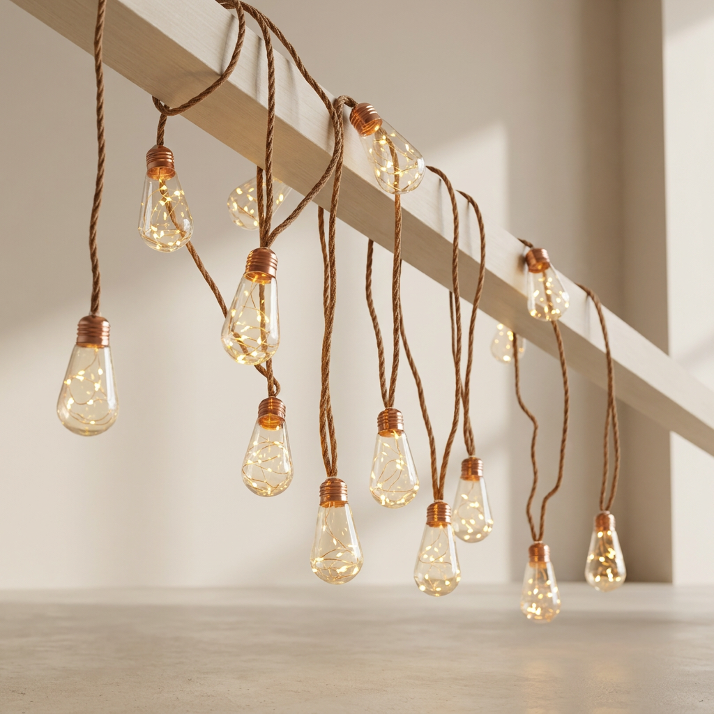 String of vintage-style light bulbs hanging against a neutral background