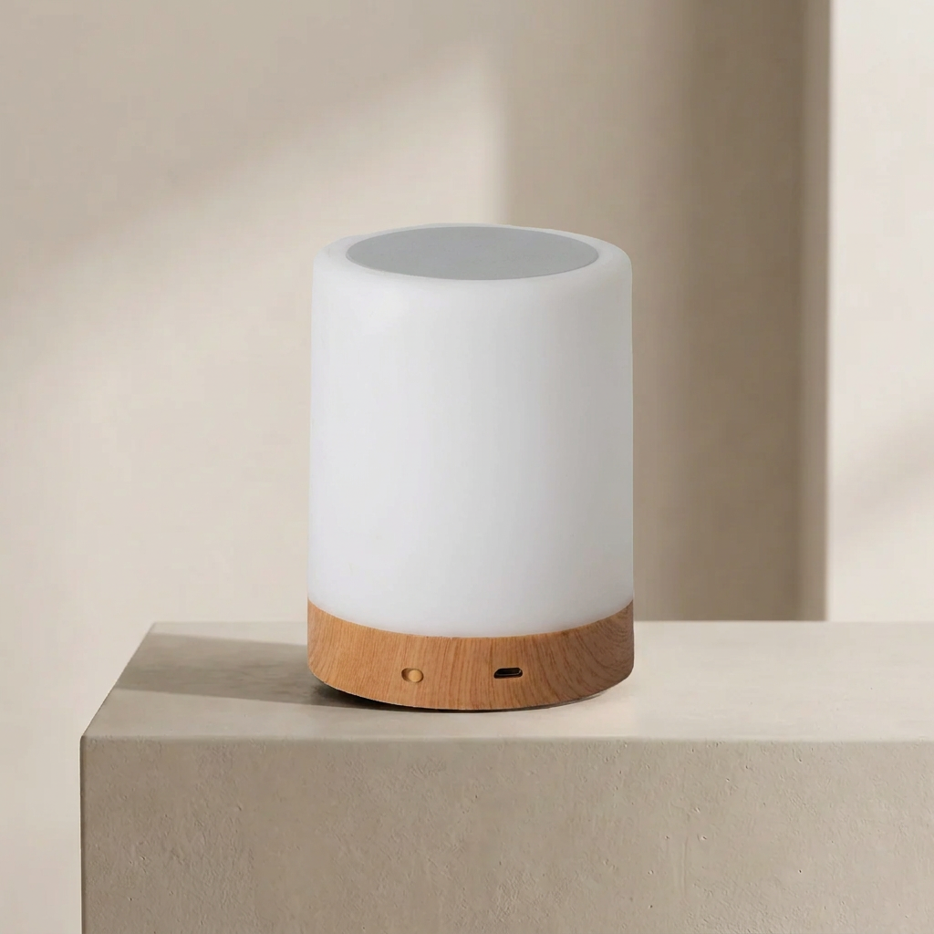 White cylindrical lamp with wooden base on a beige surface