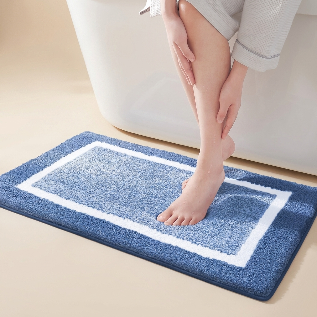Person stepping onto a blue bath mat with white border