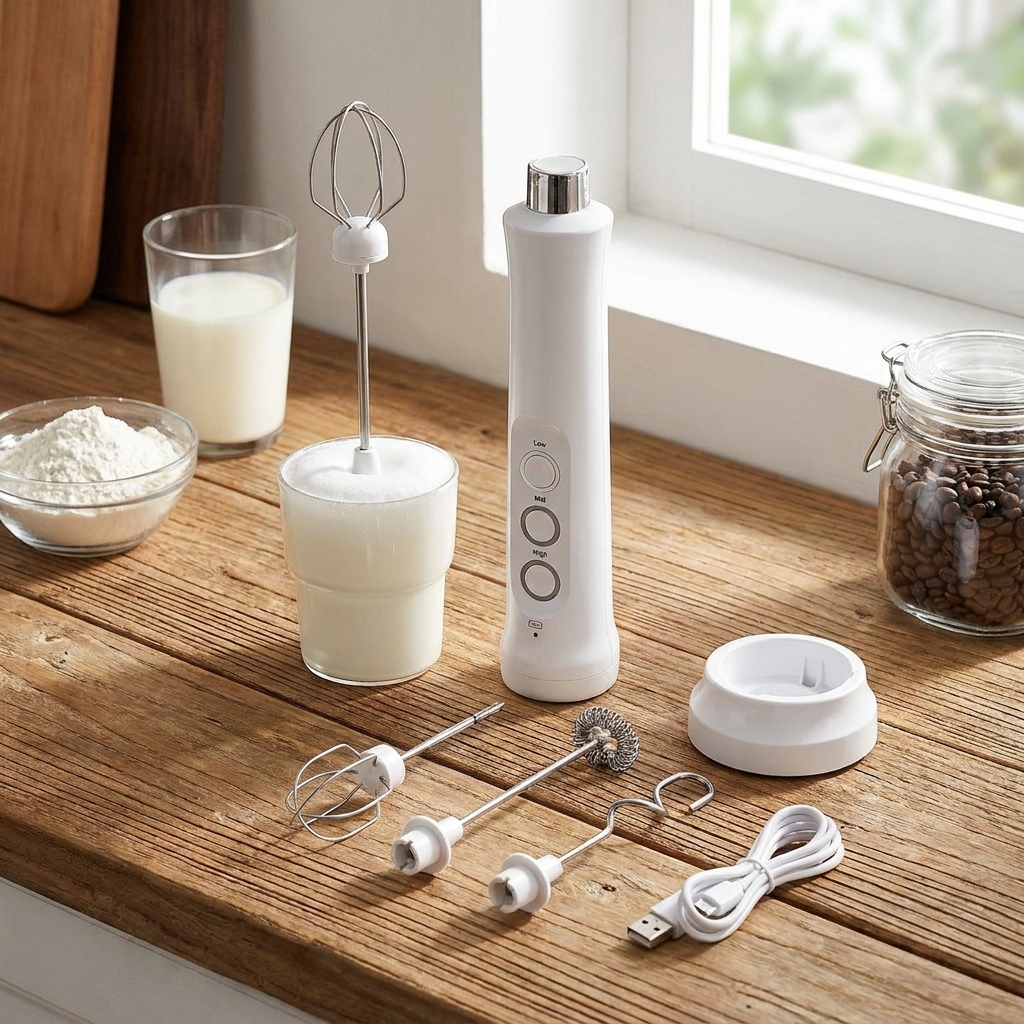 White handheld mixer with attachments on a wooden surface next to ingredients and a glass of milk.