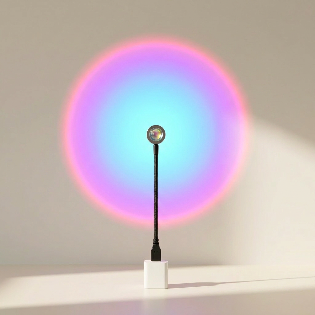 Colorful circular light projection on a plain wall with a black stand.