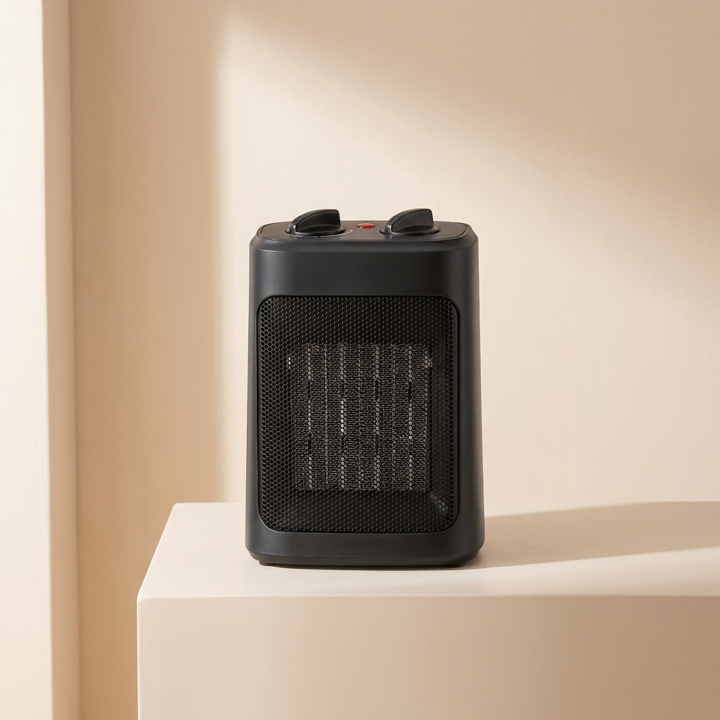 Black portable heater on a white surface with a beige wall background