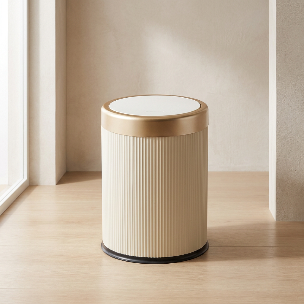 Beige trash can with a white lid on a wooden floor.
