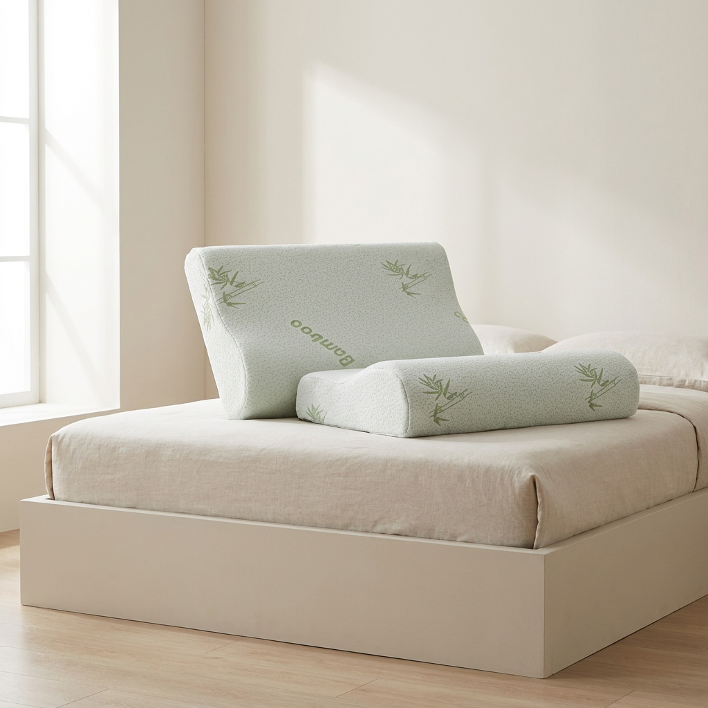 Two light green pillows with bamboo design on a bed in a bright room.