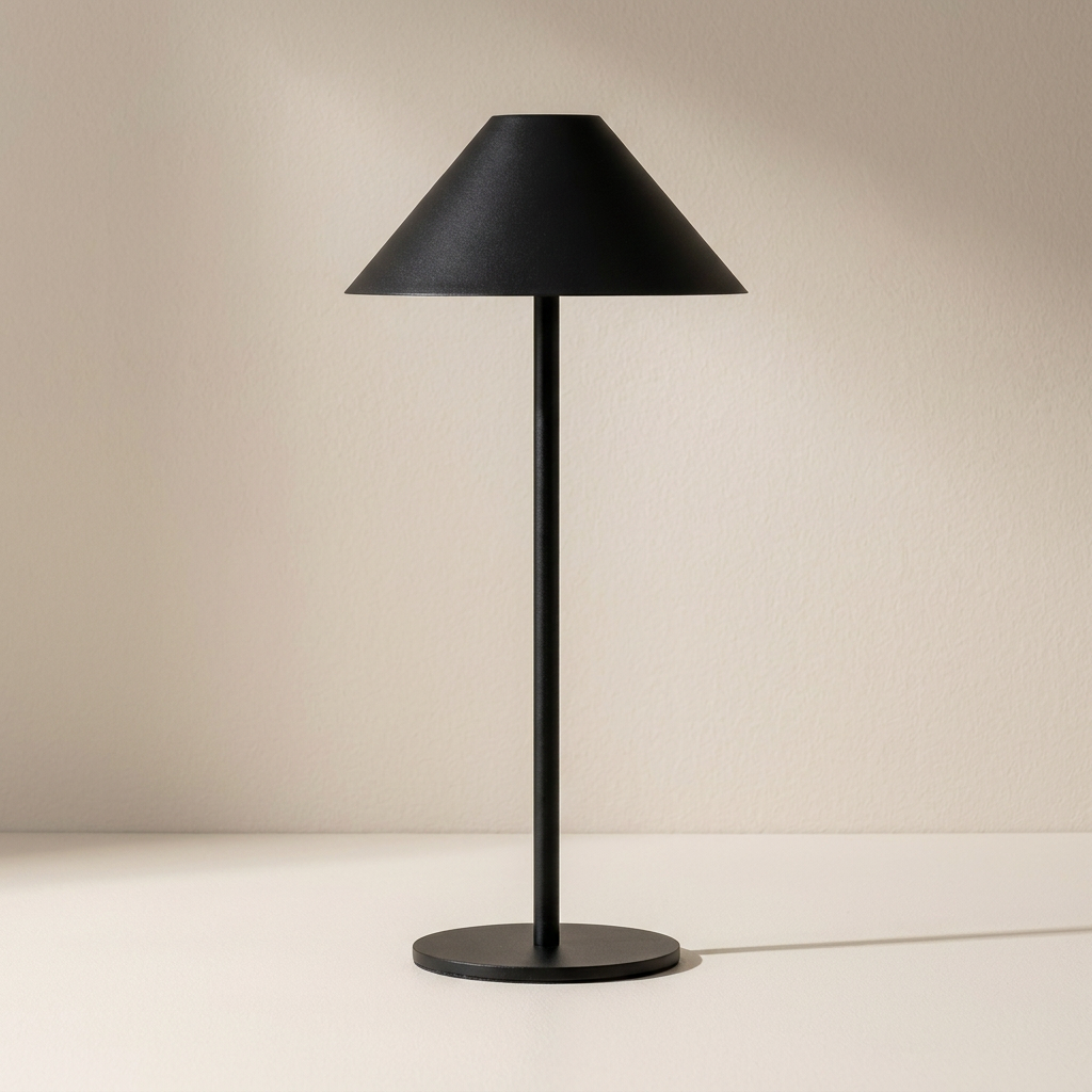 Black table lamp with a minimalist design on a neutral background