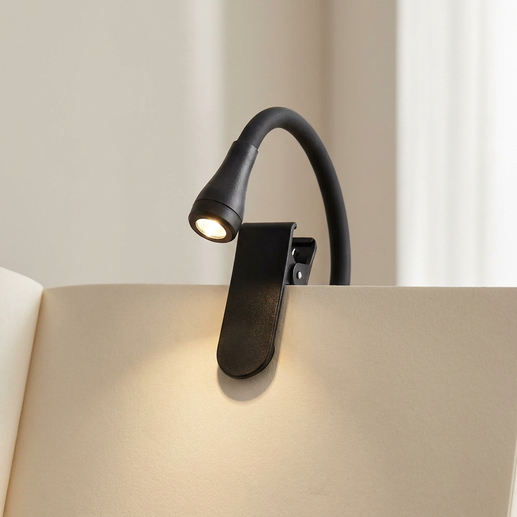 Black booklight on an open book with a neutral background