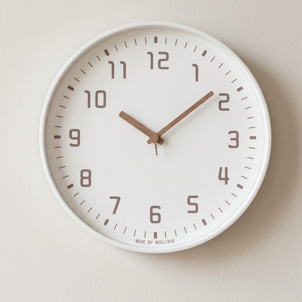 White wall clock with brown hands on a beige background