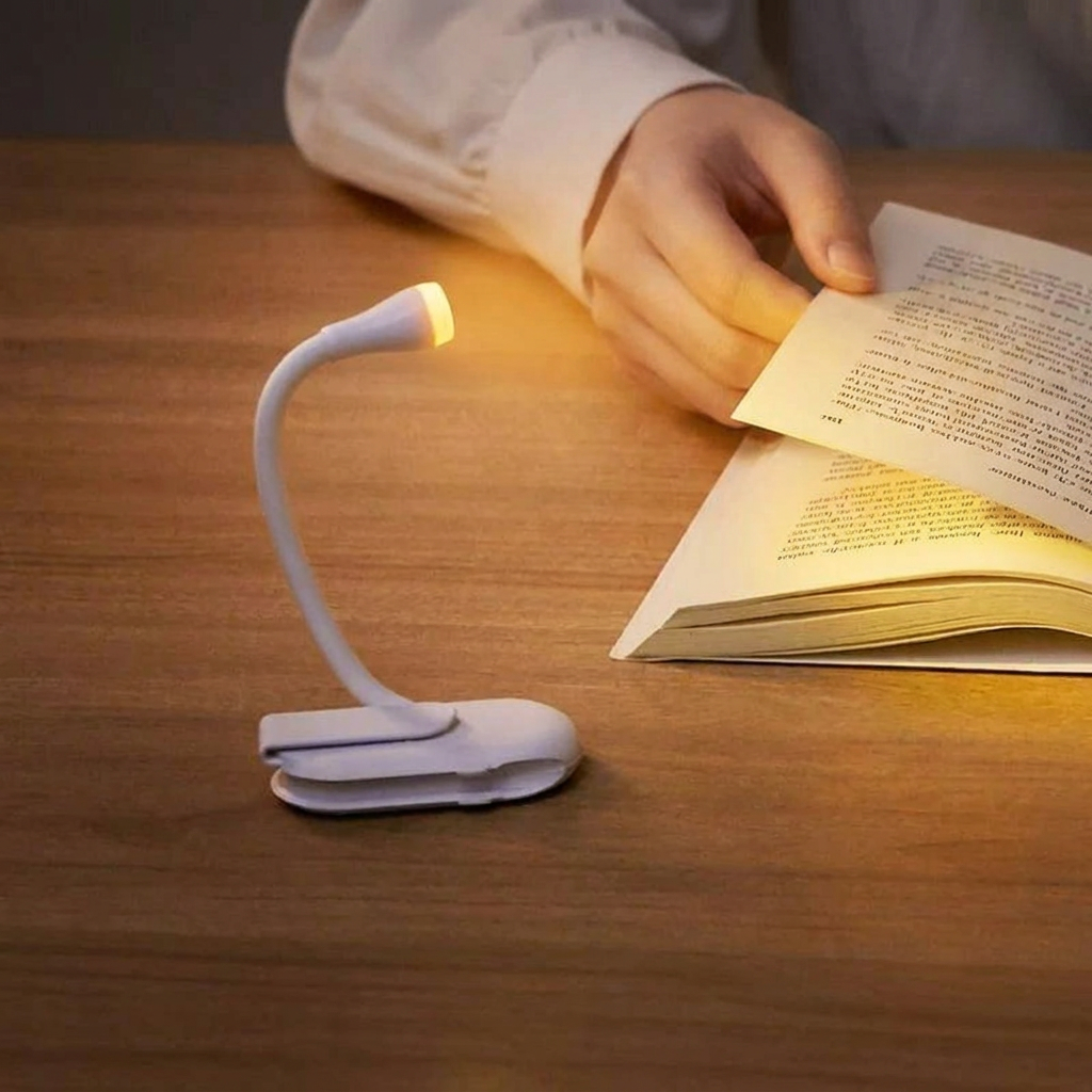 White booklight on a wooden table with a person reading a book.