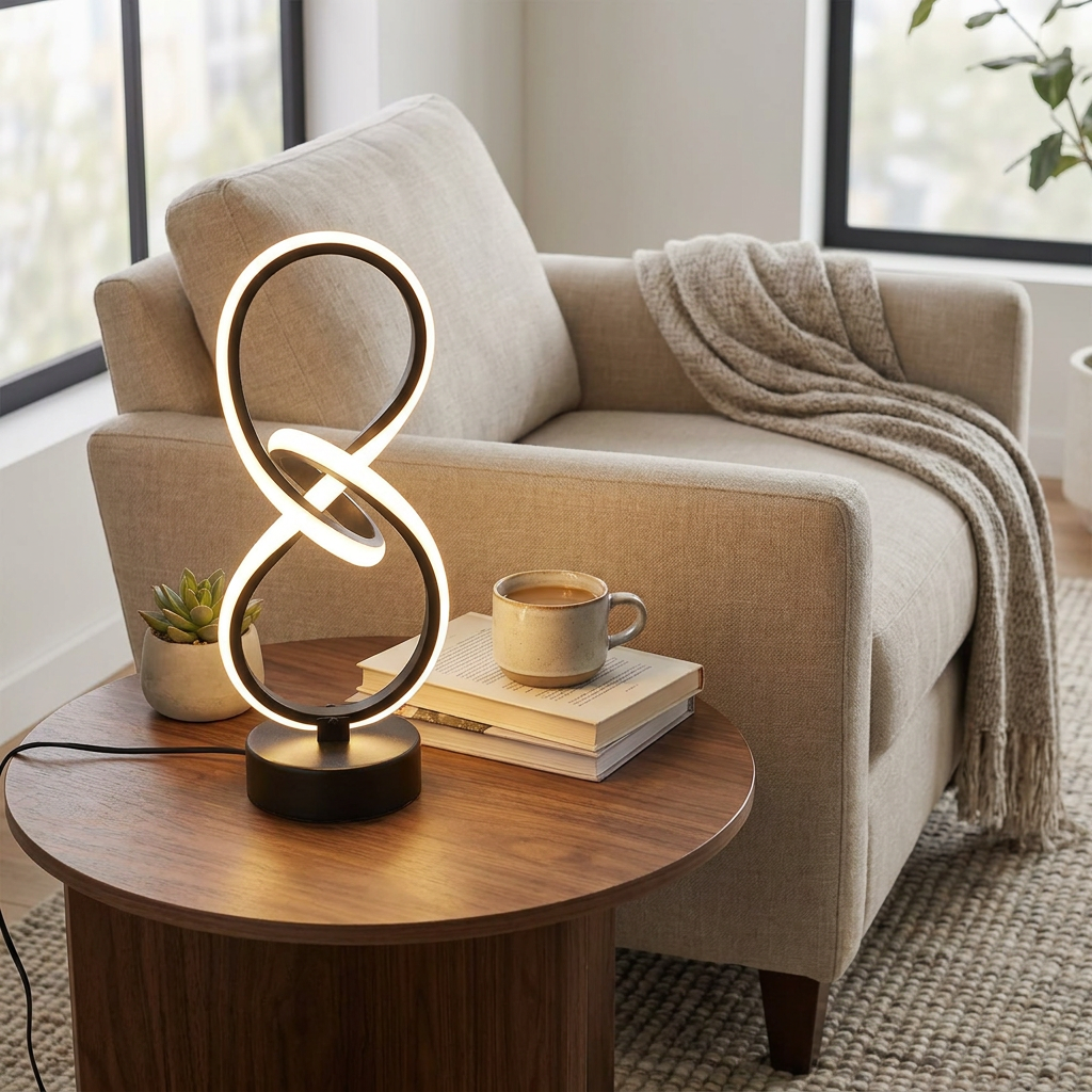 Neon light shaped like an ampersand on a wooden table with a cozy living room setting.