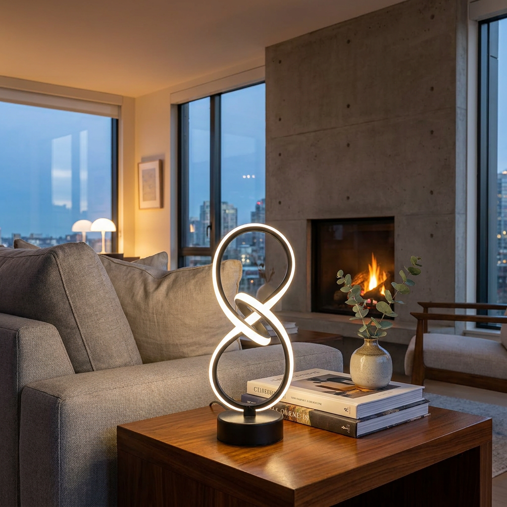 Modern living room with a stylish lamp on a coffee table, cityscape view through windows.