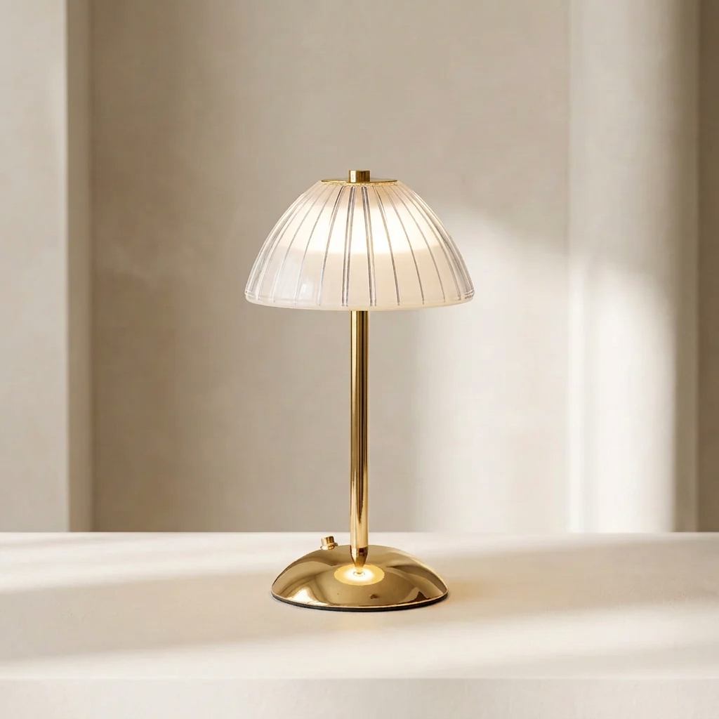 Modern table lamp with gold base and pleated white shade on a neutral background
