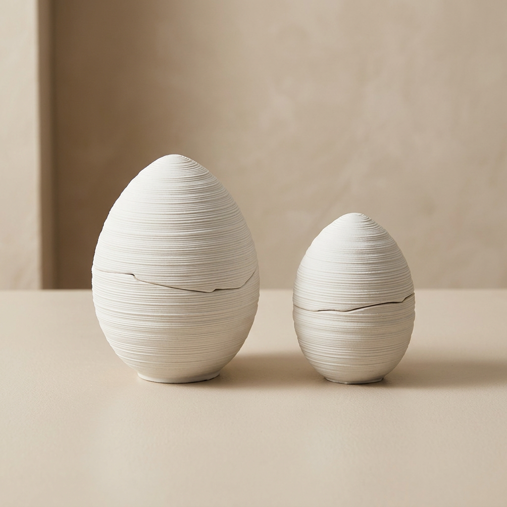 Two white ceramic egg-shaped vases on a beige surface with a neutral background