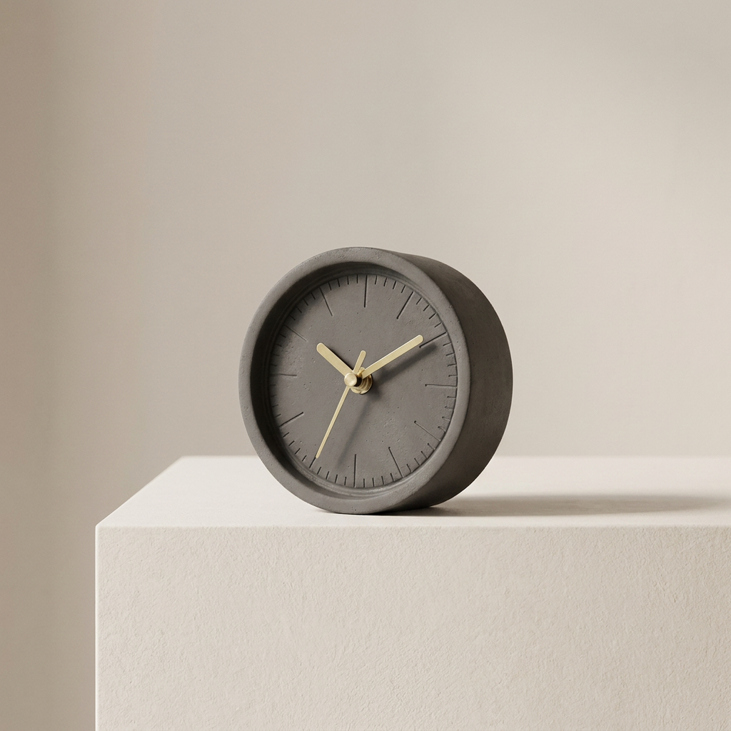 Gray clock with gold hands on a beige surface and background