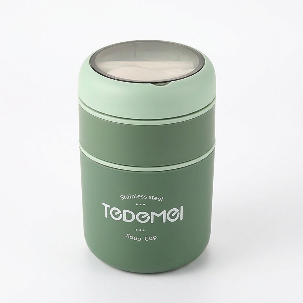 Green soup cup with lid on a white background