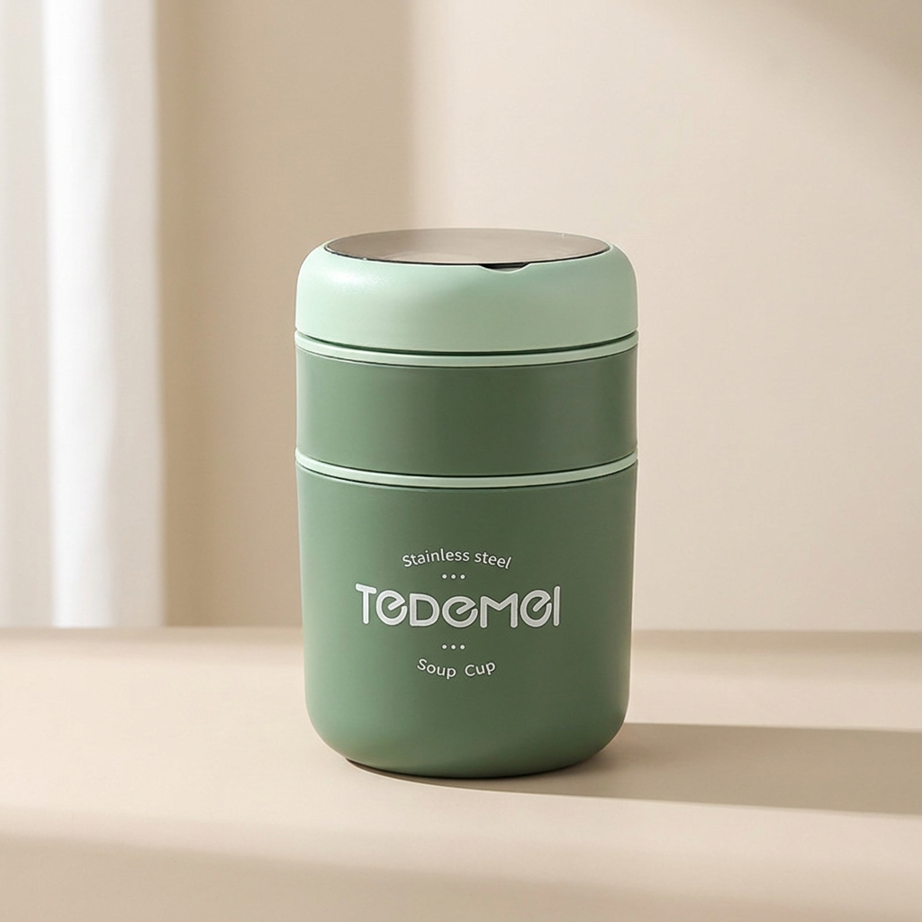 Green stainless steel soup cup with lid on a beige background