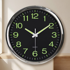 Wall clock with green glowing numbers on a neutral background