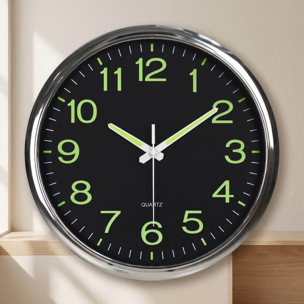 Wall clock with green glowing numbers on a neutral background