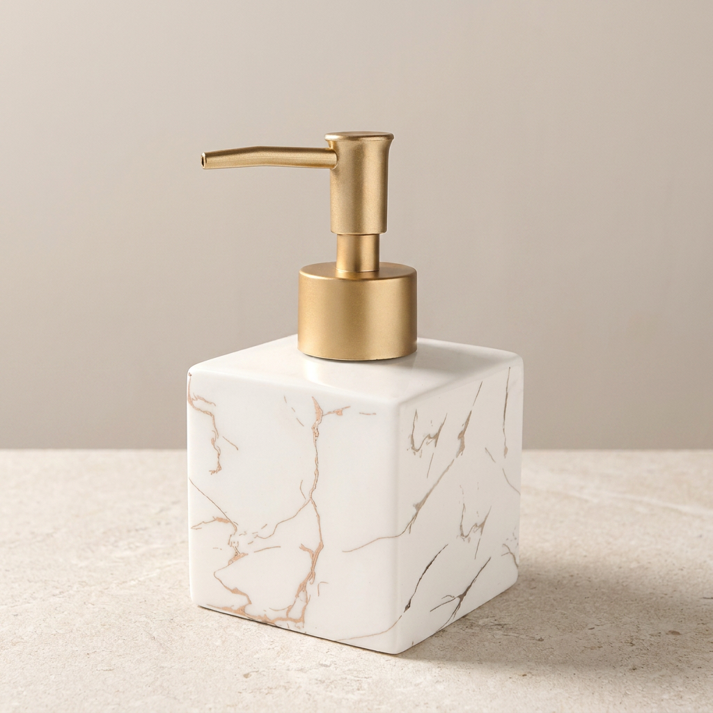 Marble-patterned soap dispenser with gold pump on a neutral background