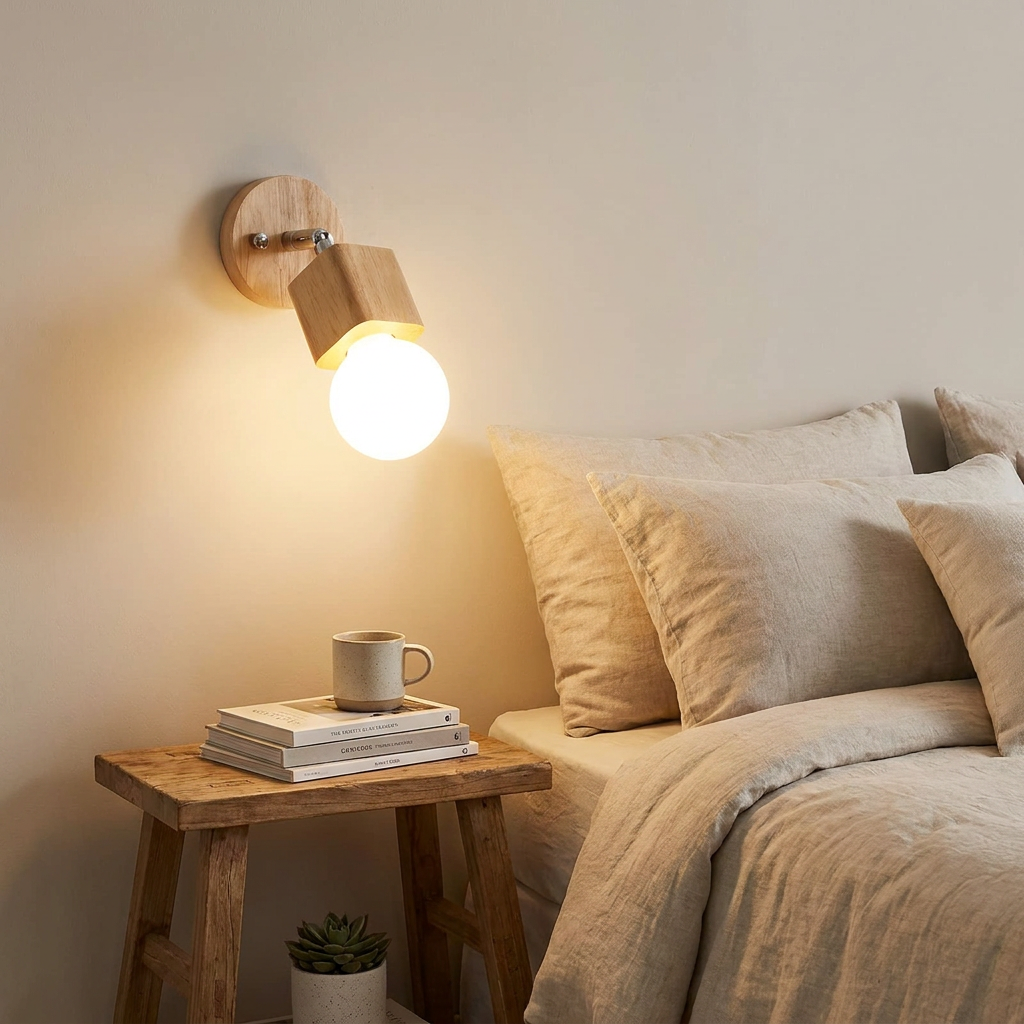 Bedroom with wooden side table, lit wall lamp, and books