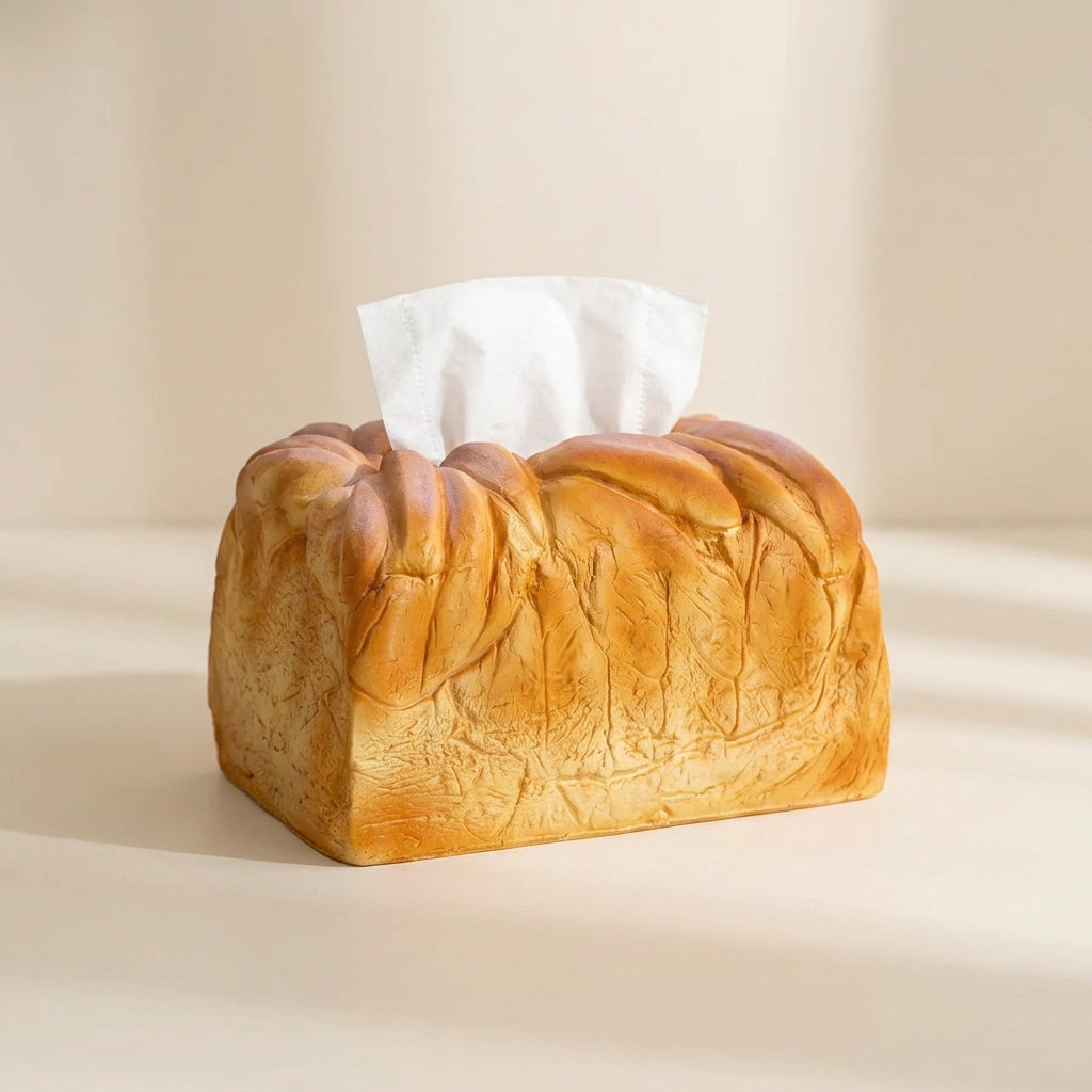 Tissue box designed like a loaf of bread on a beige background