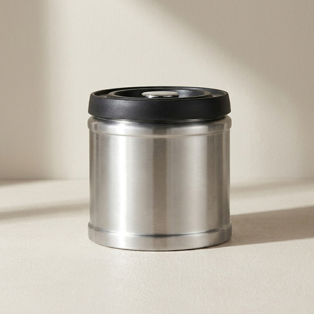 Stainless steel thermos with black lid on a beige background